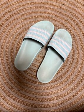 adidas Mint Green Slide Sandals with Pink Stripes